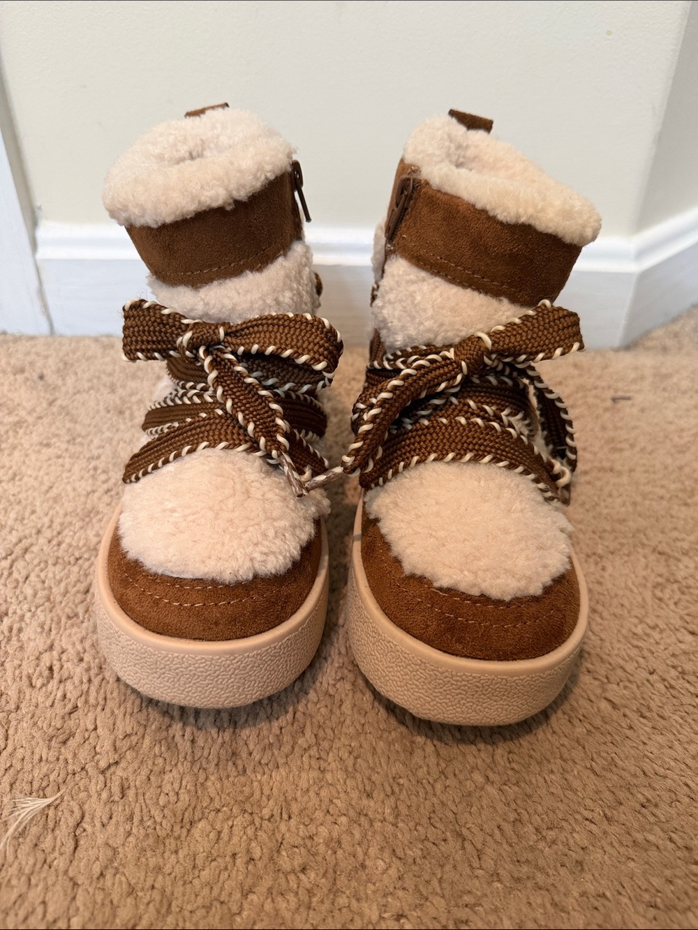 Zara Kids Brown Shearling Winter Boots with Faux Fur Trim